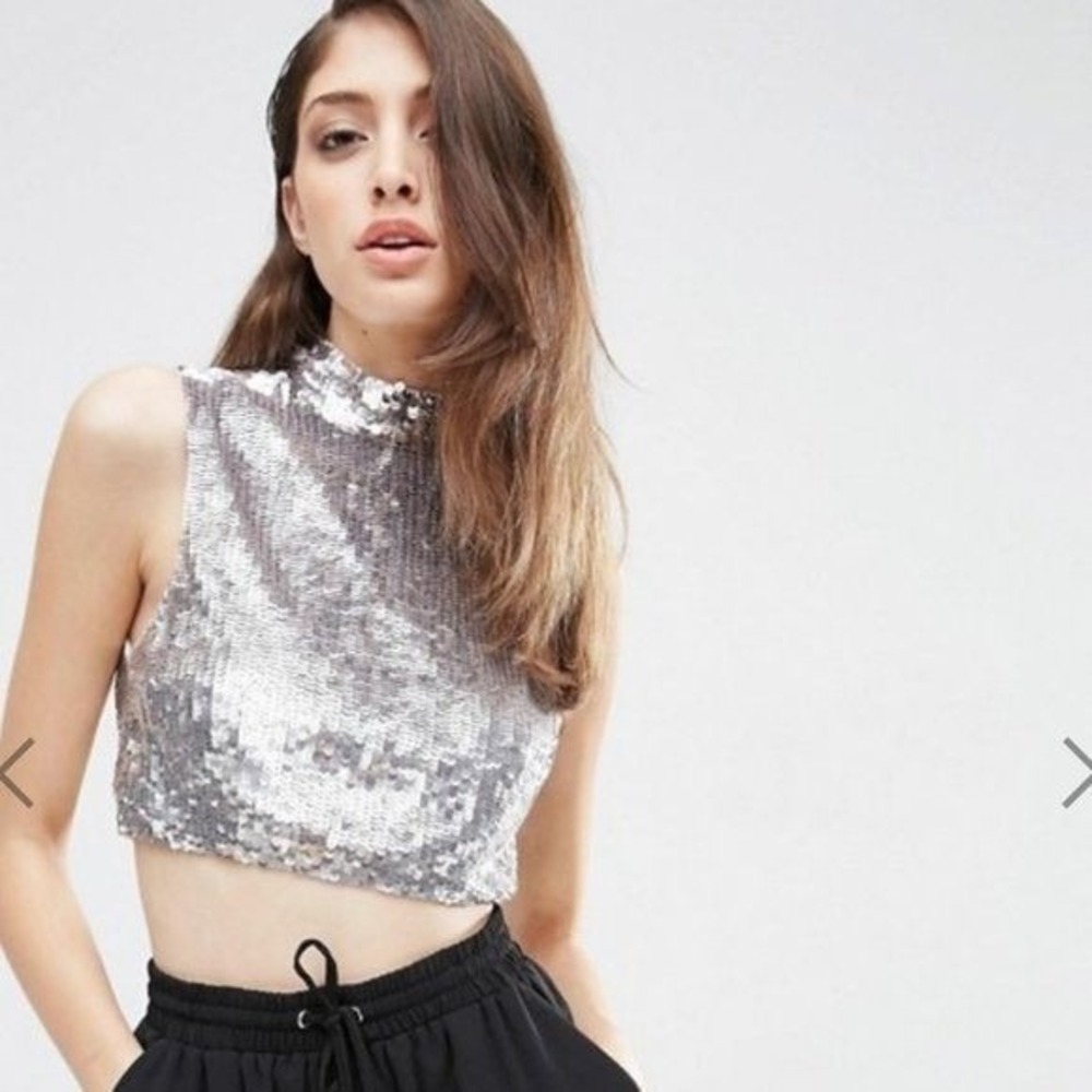 ASOS Sequin High Neck Crop Top Women's 8 Silver Disco Zipper Party Going Out